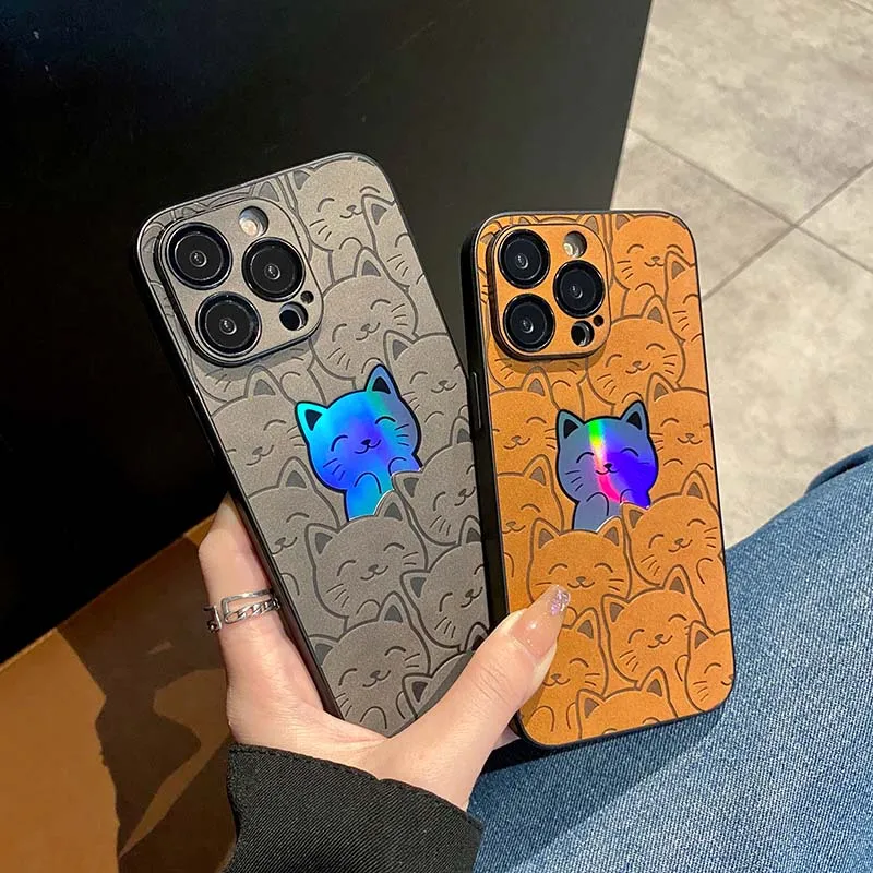 Cartoon Cats Laser Phone für iPhone 11 12 13 15 Pro Max 14 Plus Leder Kamera Objektiv Schutzhülle_voghion.com