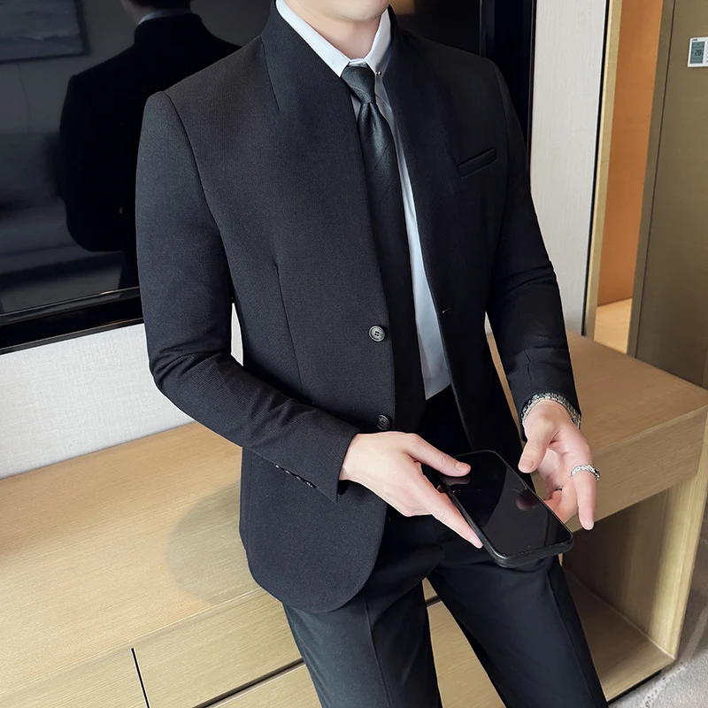 Men Stand Up Collar Suit Jacket Casual Business Blazer Korean Waffle Wedding Groom Banquet Party Dress Coat