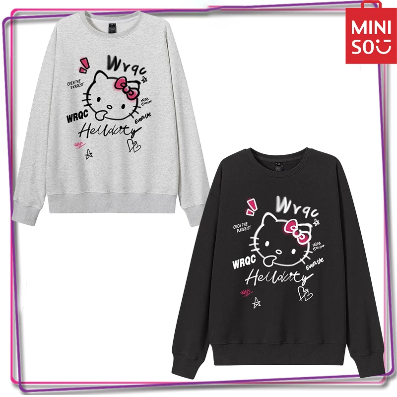 

New Miniso Sanrio Hello Kitty Cartoon Long Sleeved T-Shirt Y2K Women's Autumn/winter Warm Top Sweatshirt Loose Clothing Gift