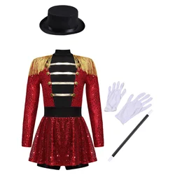 Kids Girls Deluxe Circus Ringmaster Costume Lion Tamer Ringleader Fancy Dress Up Sequins Bodysuit with Hat Magic Wand Gloves