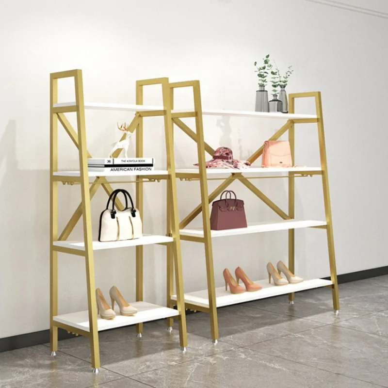 

Custom, Retail Shop Fitting Multilayer Gold Metal Shelf Display Rack Stand with MDF