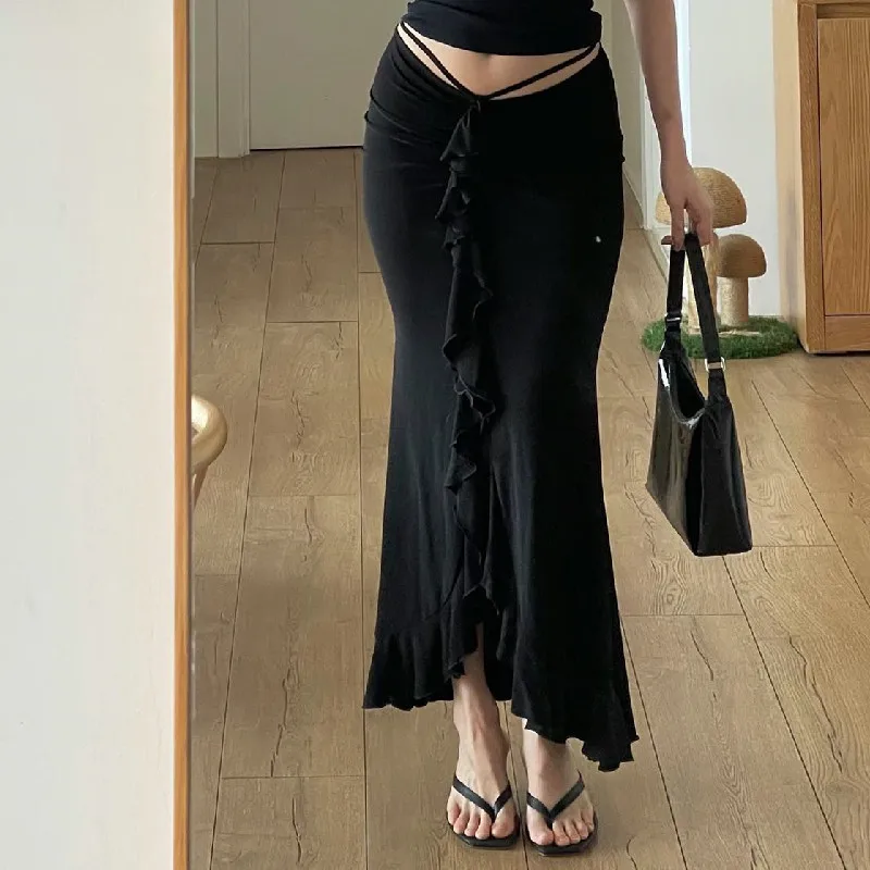 

ALLNeon Elegant Fashion Solid Low Waist Ruffled Pleated Trumpet Long Skirt Sexy Slit Bandage Bodycon Skirts Y2K Women Club Party
