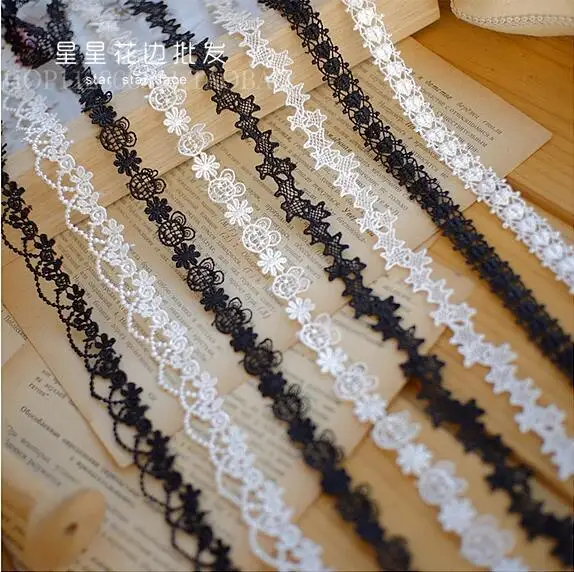 Elegant White and Black Floral Embroidered Lace Trim - 5 Yards