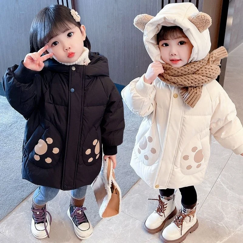 

Children's Down Jacket Winter Long Thickened Baby Pockets Bear Paw Hood Light White Duck Warm Coat Kids Cute Outerwear 1-8 Yrs