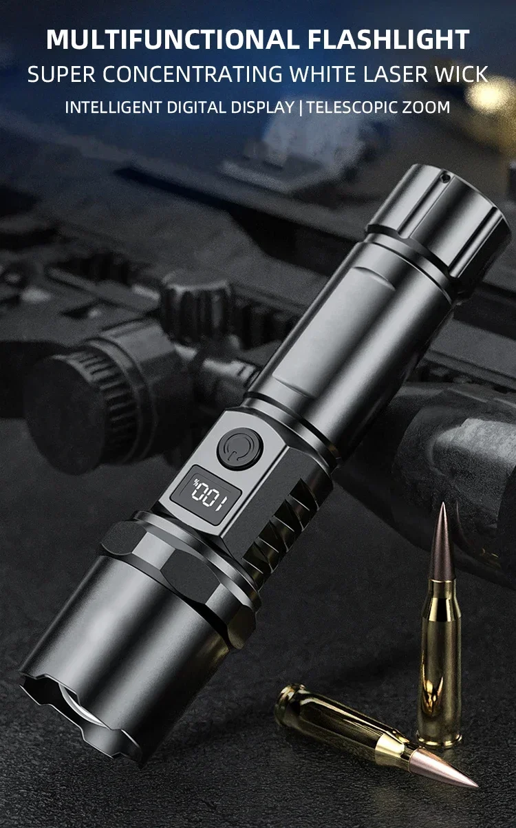 Description Picture 2 of itemSuper Bright White Laser Led Flashlight Tactical Torch with Power Display USB Rechargeable Camping Emergency Zoom Lantern