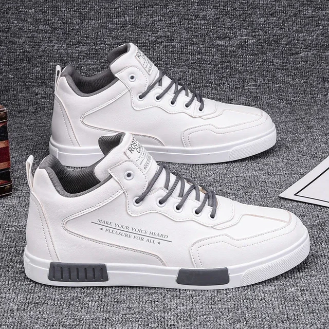 white high top men sneakers lace up leather sports shoes big size 45 man  vulcanized sneakers tenis trainers male casual shoes - AliExpress