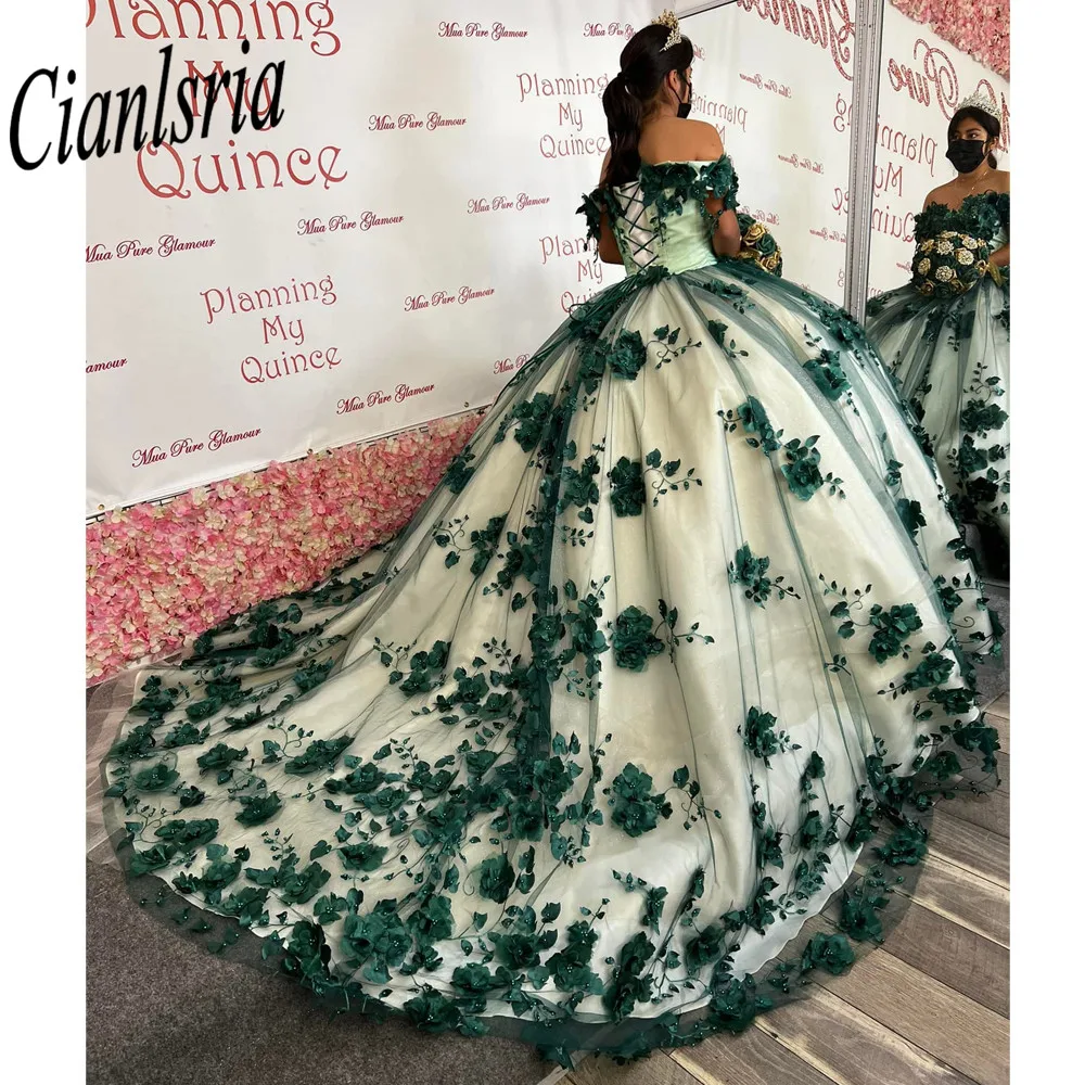 Green Ball Gown Quinceanera Dresses 3D Flowers Beads Lace Applique Sweet 15 16 Dress Party Wear Xv A&ntilde;os