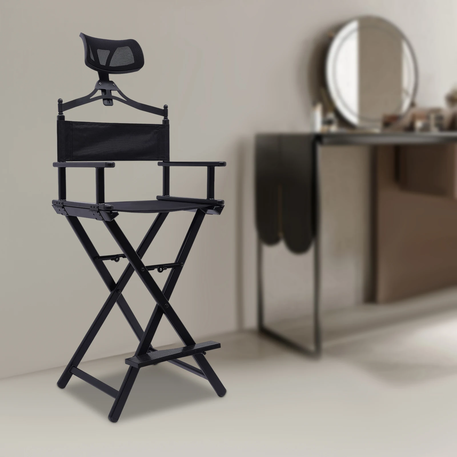 Foldable Makeup Artist Stool Chair Protable Tall Folding Directors Chair Aluminum Makeup with Head Rest for Studio Salon V