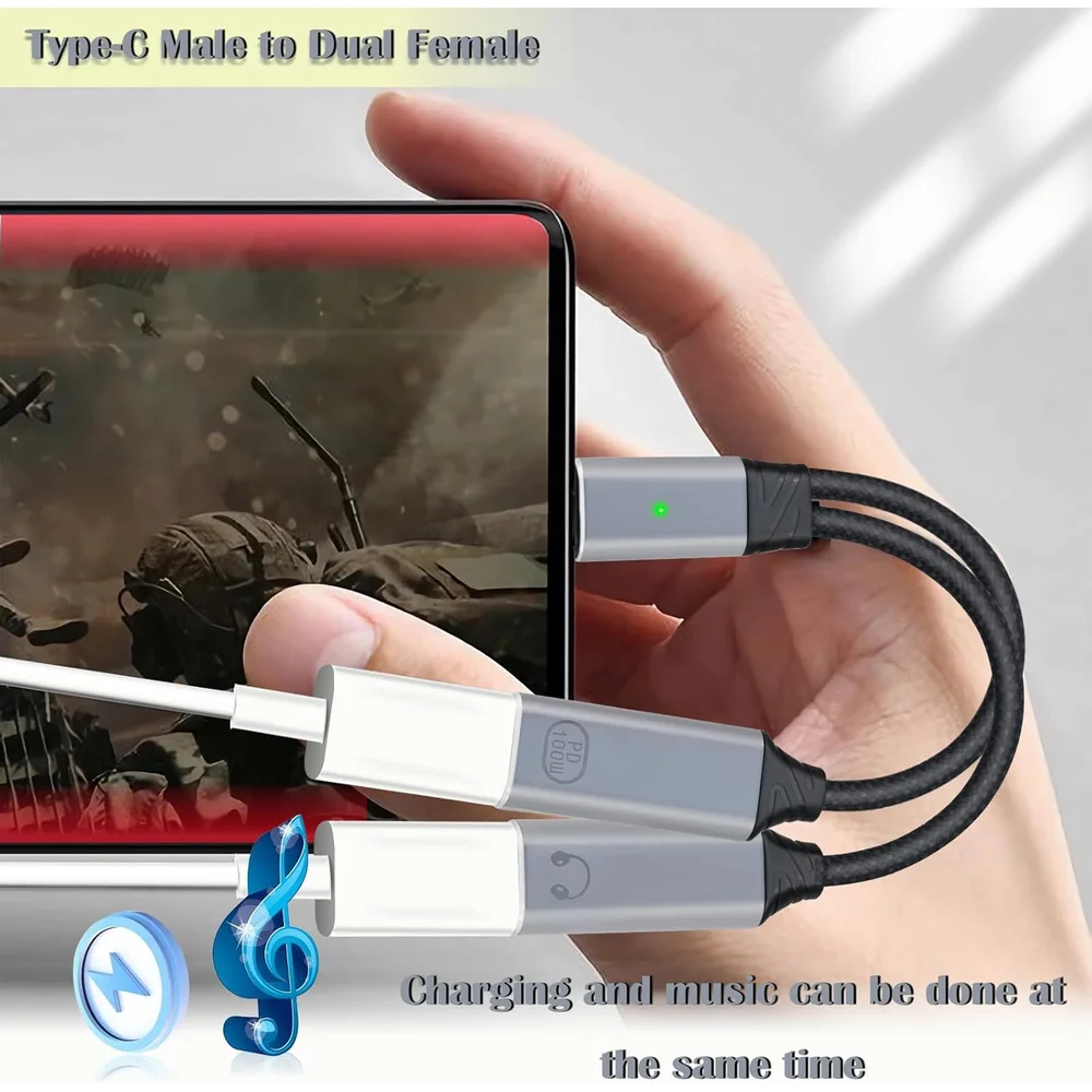 Dual USB-C Female Power Charging and Audio Adapter 2-in-1 Dongle