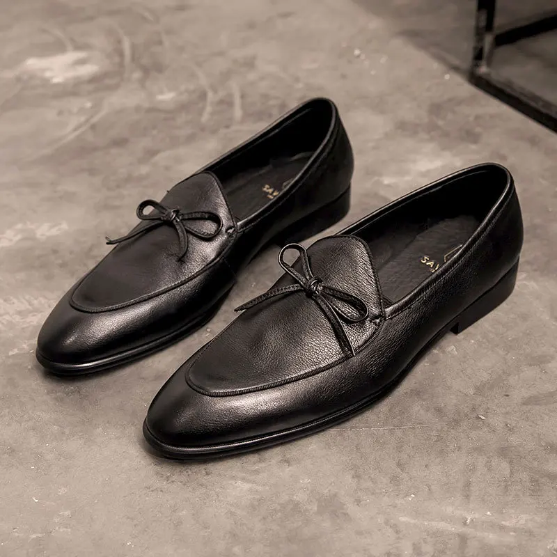 Genuine Leather Men Loafers Handmade Square Toe Butterfly-knot  Solid Handmade  Zapatos De Vestir Hombre 3