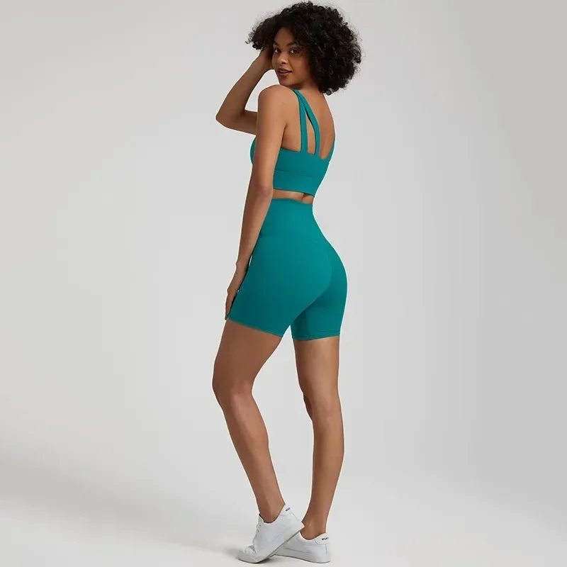 Lemon Round Neck Gym Yoga Set Comprehensive Training Women Sports Suit High Waist Short Legging And Cross Fitness Bra 2pcs