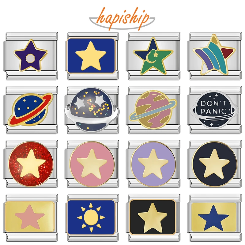 Hapiship 2024, estrella del universo planetario para mujer, abalorios italianos, cuentas de eslabones aptas para pulsera de acero inoxidable de 9mm, regalo de joyería DIY ZH028