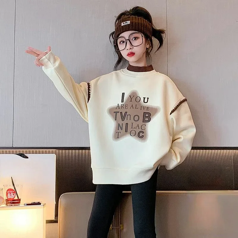 

Girls' Fleece-Lined Sweatshirts Autumn Winter 2023 New Thickened Bottoming Shirts Middle and Big Children Fashion Warm Hoodies