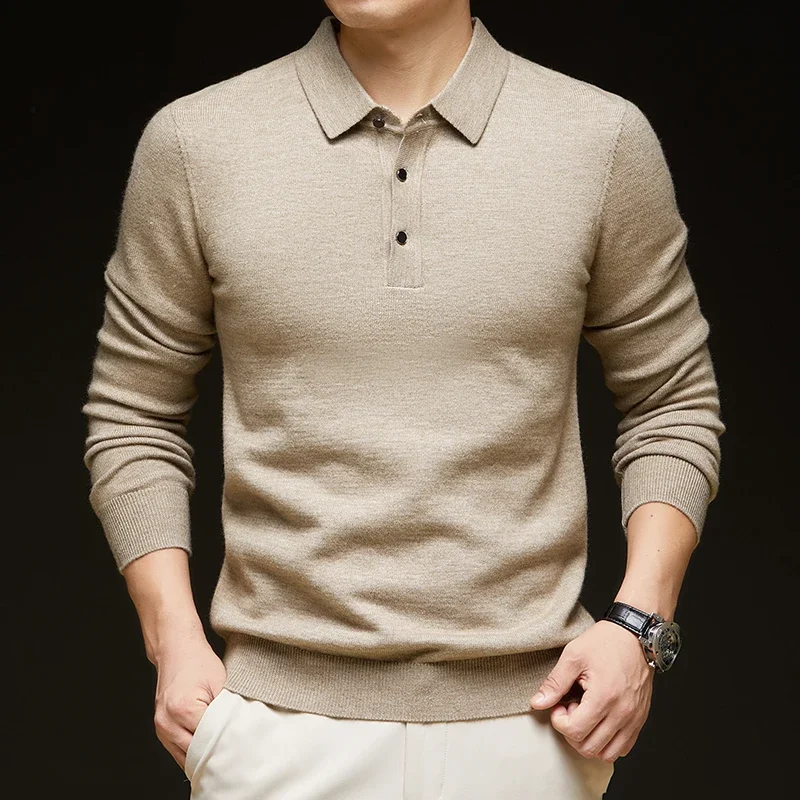 Men's Autumn Winter Lapel Wool Knitted Sweater Long-Sleeved Solid Color Thickened Polo Shirt Bottoming Layering Top 6