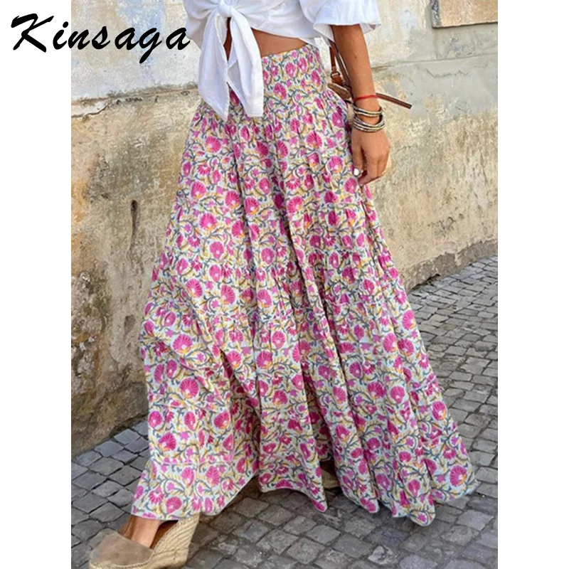 

Vintage Floral Print A-line Pleated Long Skirts Summer Women 2023 Streetwear Summer Elastic High Waist Skirt Beach Clothing