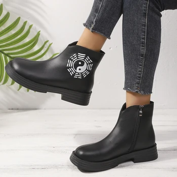 من المألوف جديد مريح سميكة سوليد المضادة للانزلاق أحذية نسائية الشتاء الرجعية مثير جولة رئيس سستة أحذية قصيرة غير رسمية 6