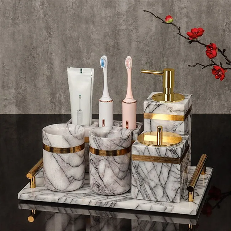 Natural Marble Bath Liquid Soap Dispenser Aromatherapy Bottle Toothbrush Rack Tissue Box Tray Dish Wedding Gifts By Piece