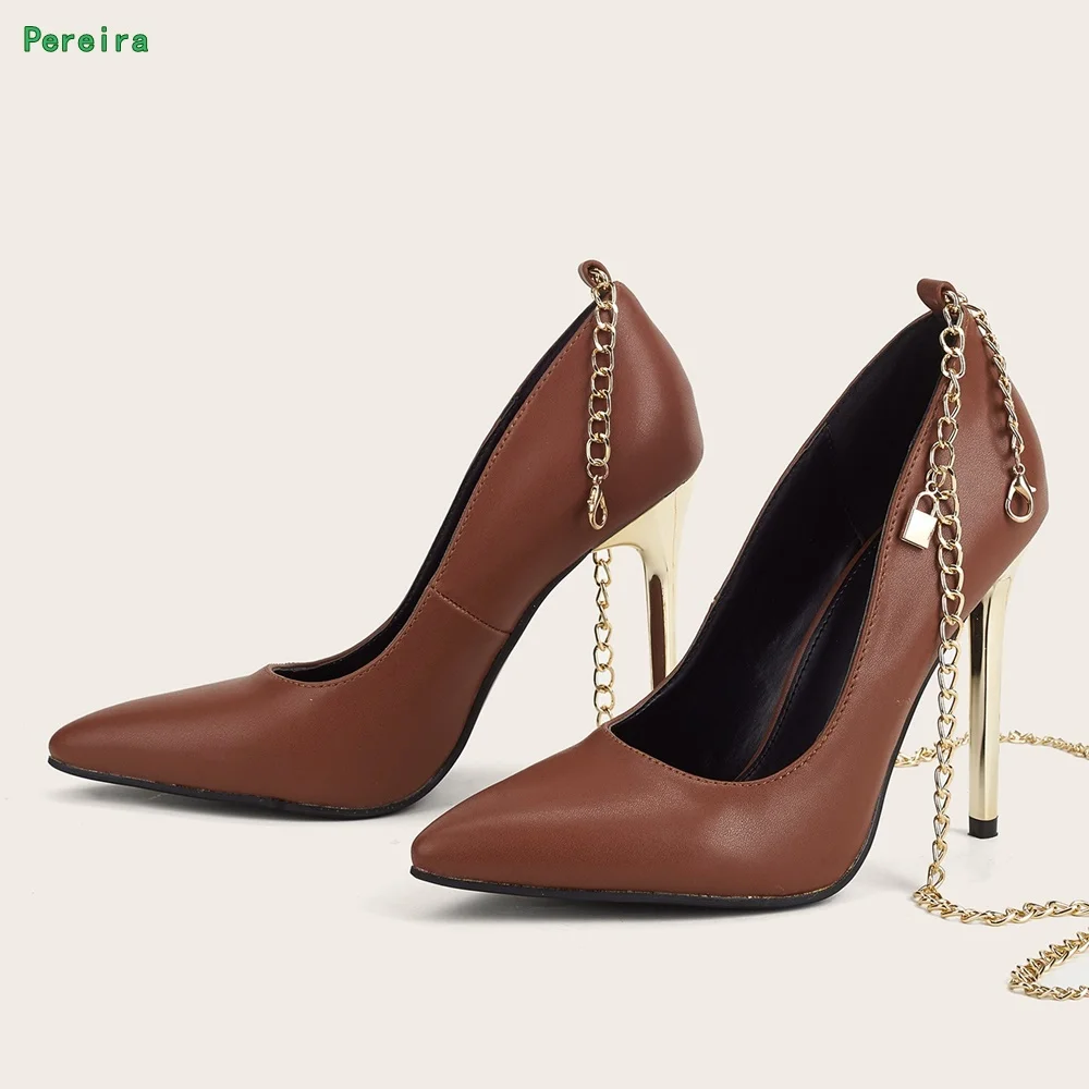 

Brown Metal Chain Pumps 2022 Women's New Arrival Solid Pointed Toe Thin High Heel Fashion Party Sexy Shoes for Free Shipping