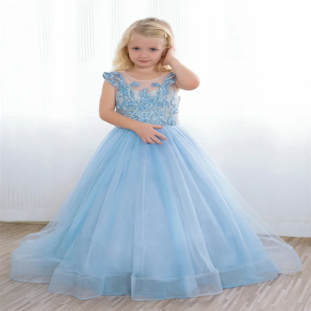 

Light Blue Flower Girl Dress Lace Appliques Gossamer Bow Baby Girl Birthday Wedding Princess Party First Communion Gown