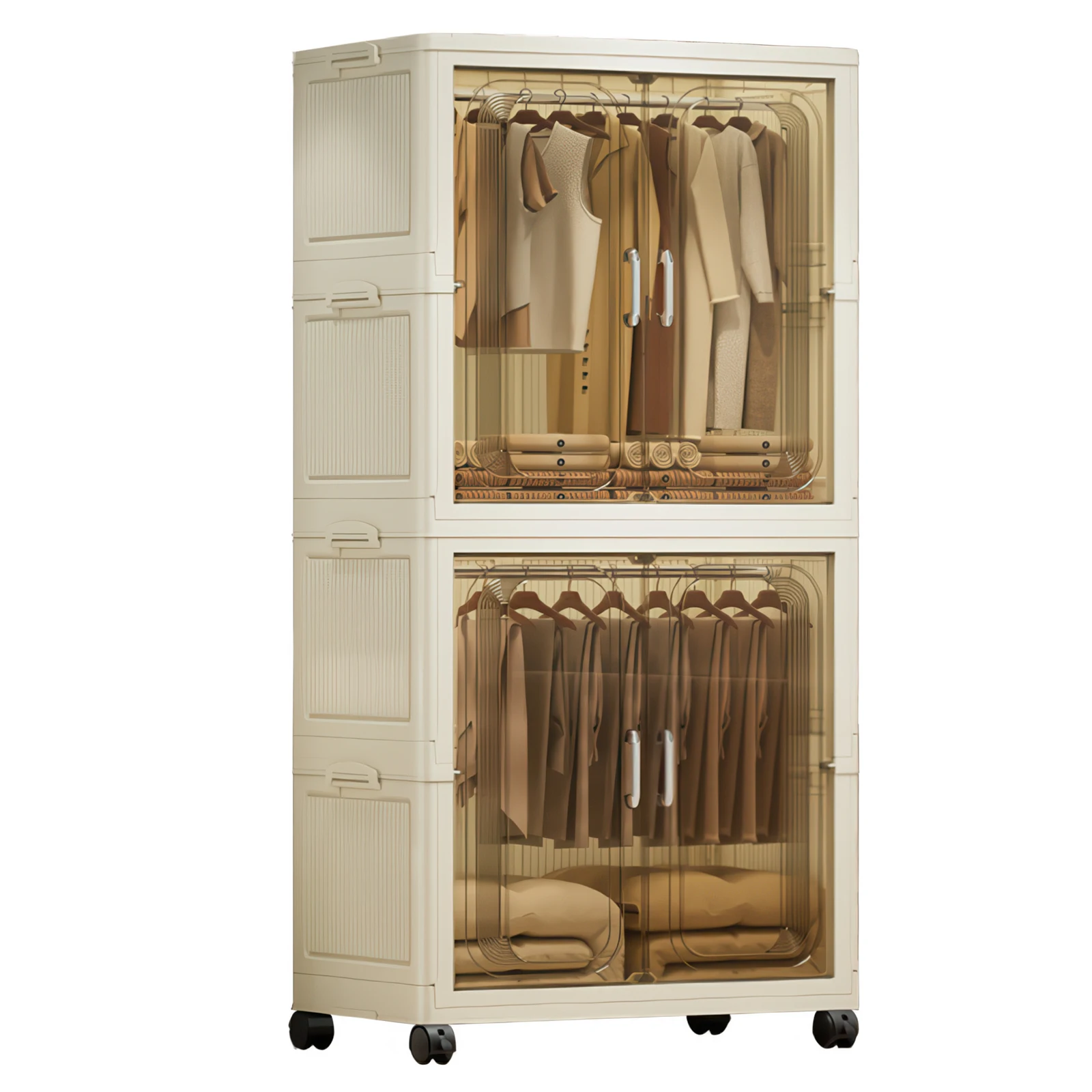Zusammenklappbarer Kleiderschrank Großer Tragbarer Schrank Faltbarer Plastik-Kleiderschrank mit Kleiderstange und Magnetischen Türen auf Rollen – Detail 2