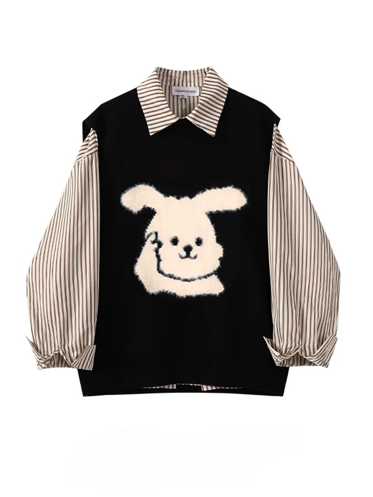 

Women's Hong Kong Style Retro Lapel Long-sleeved Striped Shirts + O-neck Jacquard Sleeveless Slimming Knitted Vest 2-piece Set