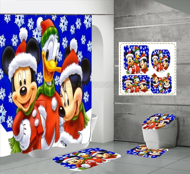 2023 Anime christmas Mickey Mouse and Friends Shower Curtain Waterproof  Fabric Bath Curtain Toilet Lid Cover Bath Mat Set 4pcs