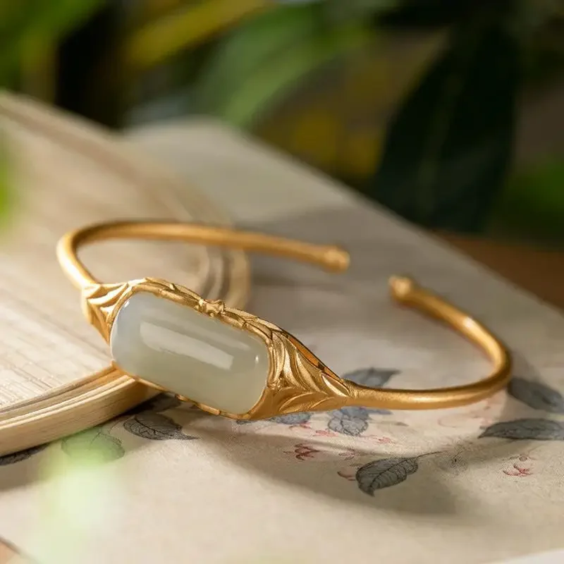 

*S925 Sterling Silver Leaf Bracelet Natural Hetian Jade Green Jade Bracelet Mild Luxury Retro Temperament Leaf Bracelet Jewelry