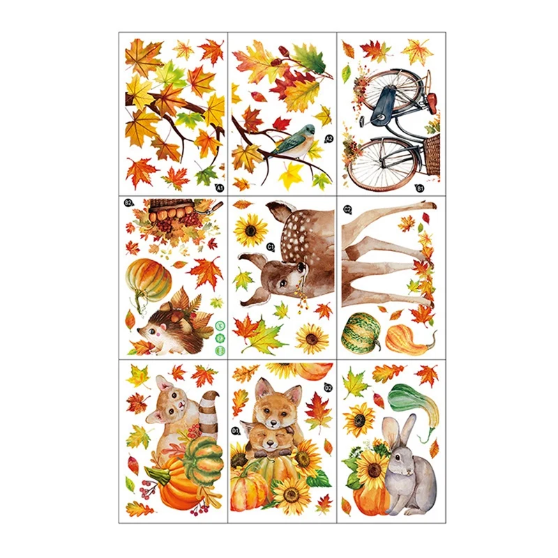 

Fall Window Cling Sticker Thanksgiving Autumn Harvest Animal Pumpkin Leaves For Party Supplies Window Glass Decoration