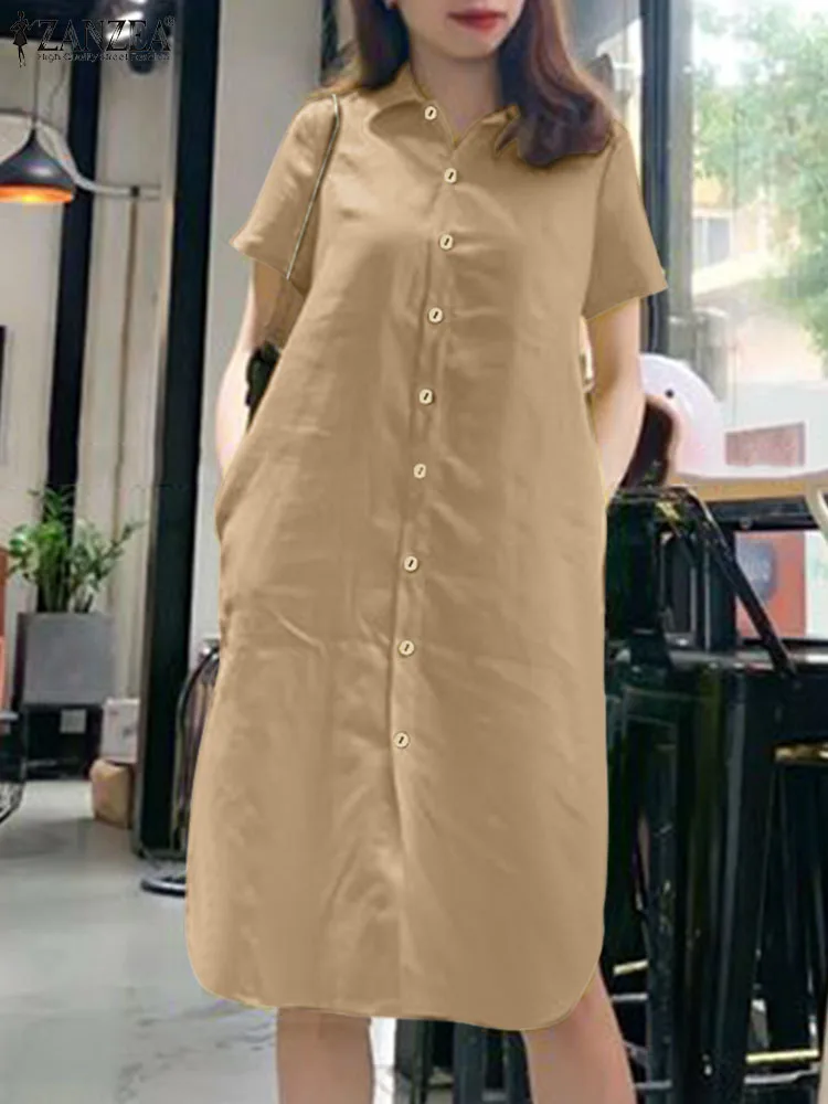 

ZANZEA Fashion Summer Work OL Midi Sundress Robe Femme Casual Shirt Dress Solid Women Elegant Lapel Neck Short Sleeve Vestido