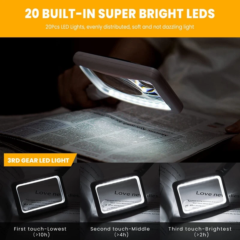 Lupa recargable 4X con luz, lupa iluminada de página Rectangular de mano, 3 modos de brillo, 20LED, nueva