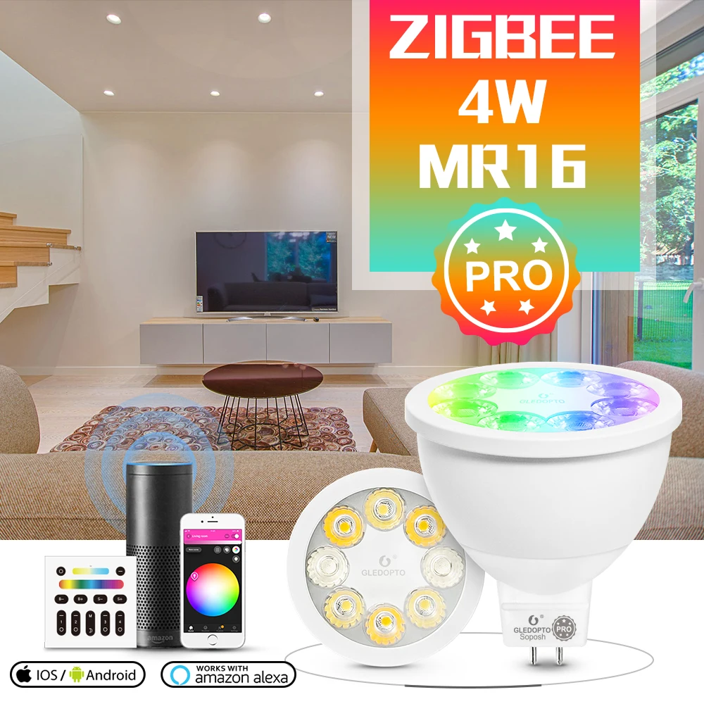 GLEDOPTO ZigBee 3.0 Smart RGBCCT MR16 Spotlight Pro 4W AC/DC12V Bulb 30 Degree Beam Angle Work with Alexa Echo Plus App Voice RF