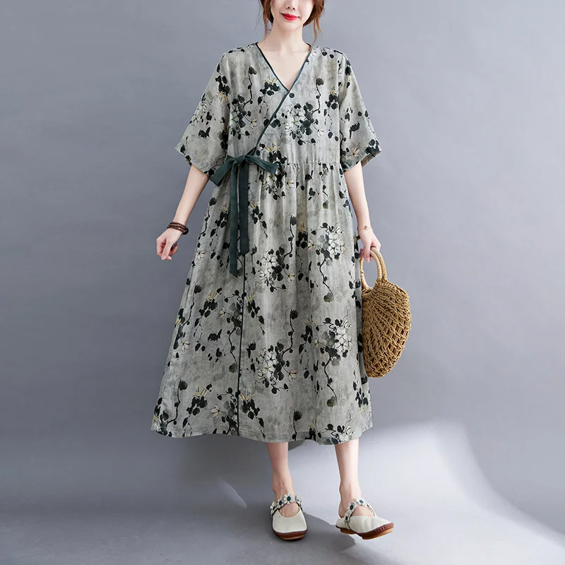 

#3218 Cotton And Linen Dress Women Vintage Chinese Style Midi Dress Laides Short Sleeve Loose Floral Printed Woman Dress Summer