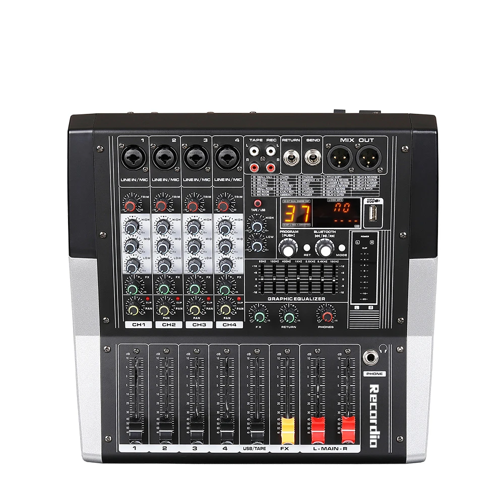 GAX-ED4 전문 4 채널 오디오 믹서, 강력한 7 밴드 이퀄라이제이션 DJ 오디오 믹서, USB 스위치 포함, 노래방 무대 KTV용