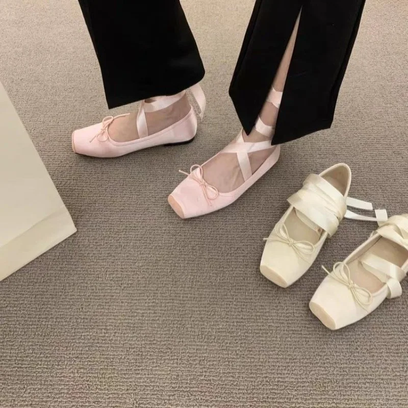 Sweet Satin Pink Square Toe Ballet Single Shallow Flat Rose Lace-Up Women's Shoes