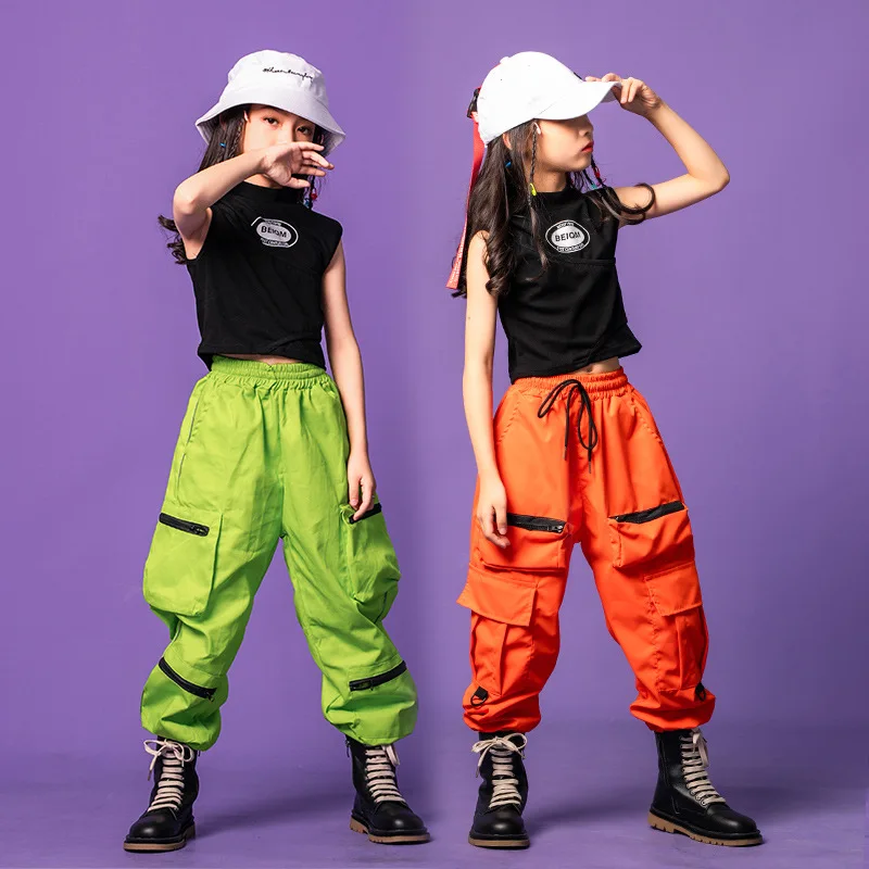 

Tactical Cargo Jogger Pants for Girl Dance Costume Clothes Kid Kpop Hip Hop Clothing Black Tank Crop Top Green Orange Streetwear