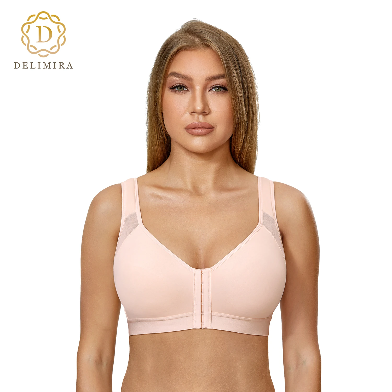 DELIMIRA Women's Front Closure Posture Wireless Back Support Full Coverage Bra Plus Size Unlined
