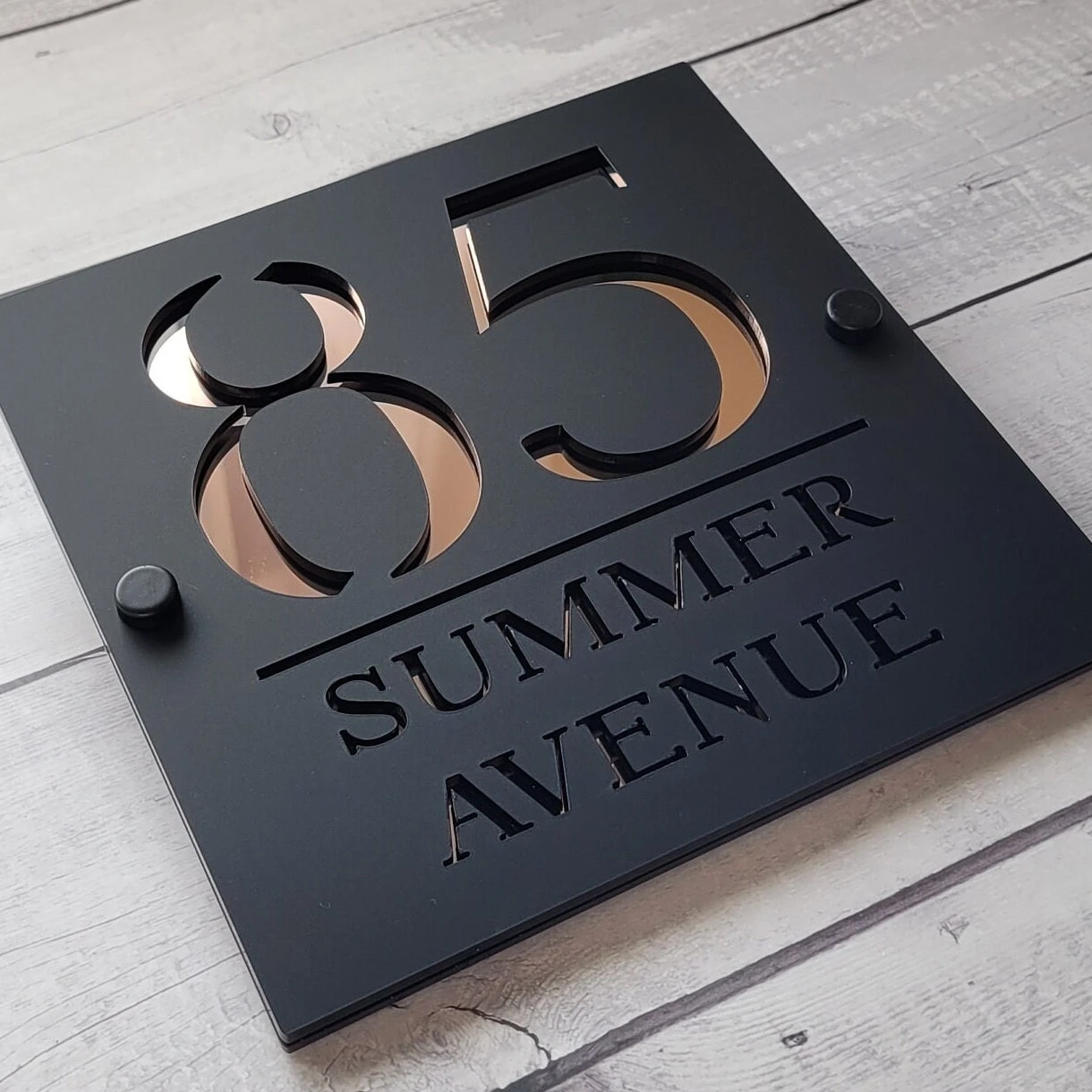 Modern Style Outdoor House Wall Plaque House Number and Name 180mm x 180mm Matte Black & Mirror Gold Plate