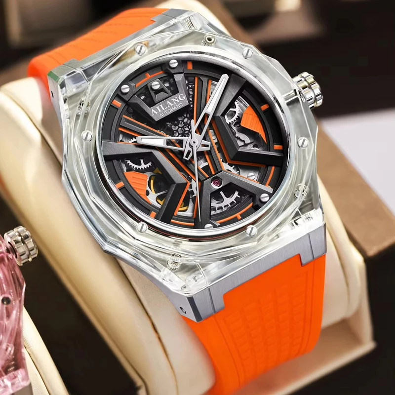 Montre mécanique de sport pour hommes de marque AILANG, bracelet en caoutchouc de luxe, étanche, aiguilles lumineuses, mode squelette, montres automatiques pour hommes_voghion.com