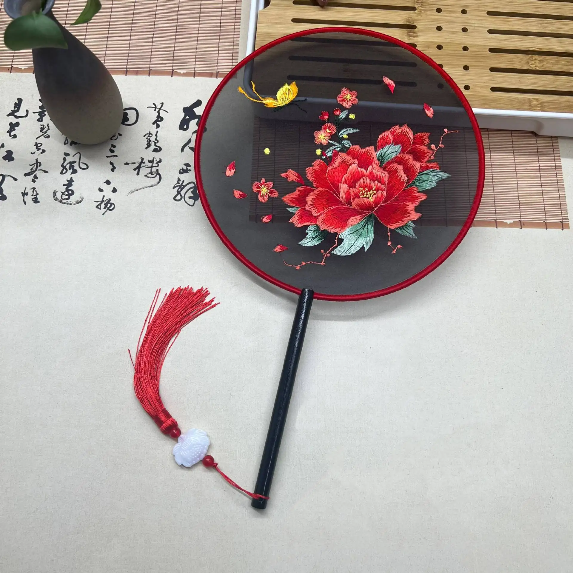 Hand Fan Silk Fans Double Sided Embroidery Round