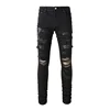Men Snake Embroidery Jeans Skinny Tapered Stretch Denim Pants Streetwear Holes Ripped Leather Patch Patchwork Trousers Black 1