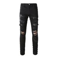 Men Snake Embroidery Jeans Skinny Tapered Stretch Denim Pants Streetwear Holes Ripped Leather Patch Patchwork Trousers Black 1