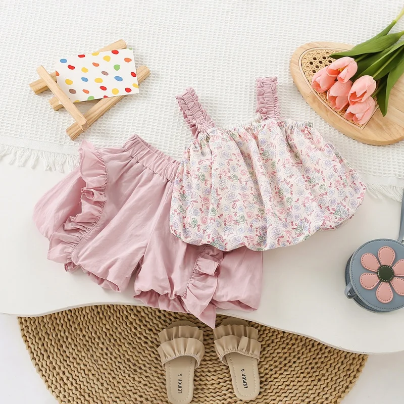 

Girls' Western Style Suit Summer Baby Girls' Pink Floral Strap Bud-Shaped Pants Suit Summer Cool Two-Piece Suit-KXKM