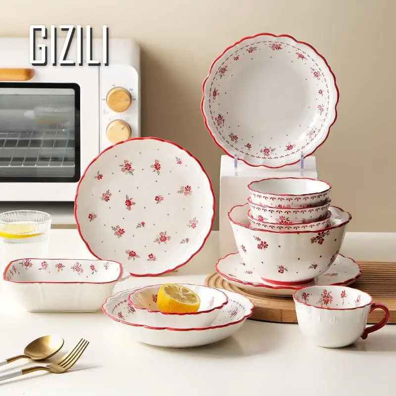 French Ceramic Kitchen Dishes Food Plates Sets Flowers Dinnerware Household Salad Bowl Plate Household Plates Dinner Sets