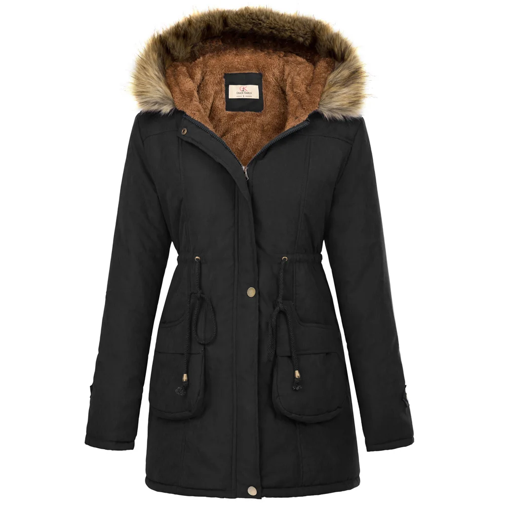 

Women's Coat Hooded Winter Jacket Casual Windproof Warm Thicken Fleece Lined Coats Pocket Women Outwear Female Plus Size