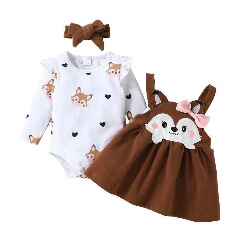 

Infant Autumn Outfits Baby Girls Ruffles Long Sleeve Cartoon Print Romper Tops and Suspender Skirt + Headband 3 Pieces