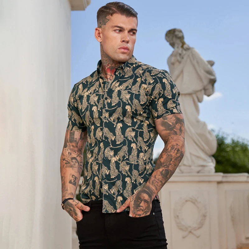 Digital Printing Money Leopard Summer Men's Shirt Street Outdoor Short Sleeve Top Hawaii Thin Quick Drying Beach Men's Wear