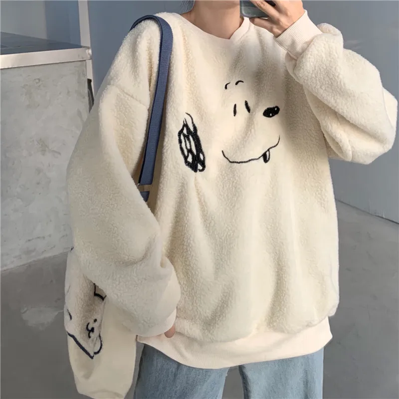 

Winter New Arrivals Women Hoodie Sweatshirt Sweet Girly Style Apricot Lamb Wool Embroidery Cute Puppy Female Loose Pullover