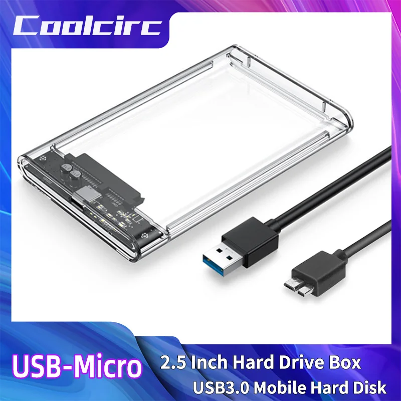 External Hard Drive Case Coolcirc Transparent 2.5-Inch SATA HDD/SSD USB 3.0 Enclosure Portable Desktop/Laptop Universal