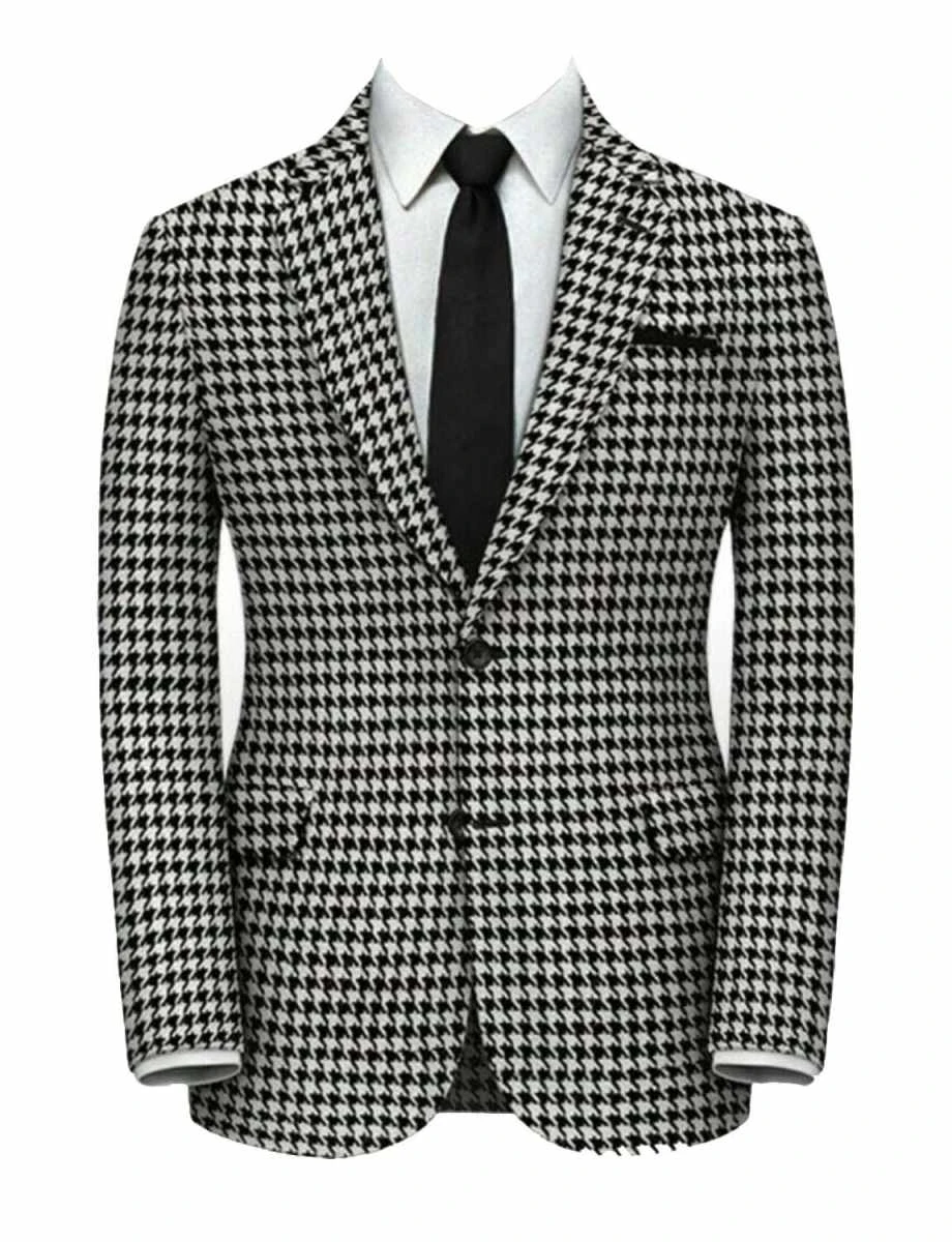 Men's Houndstooth Formal Suit Jacket Notch Lapel Blazer Two Buttons Wool Blend Coat for Party Prom Business Tuxedo One Piece