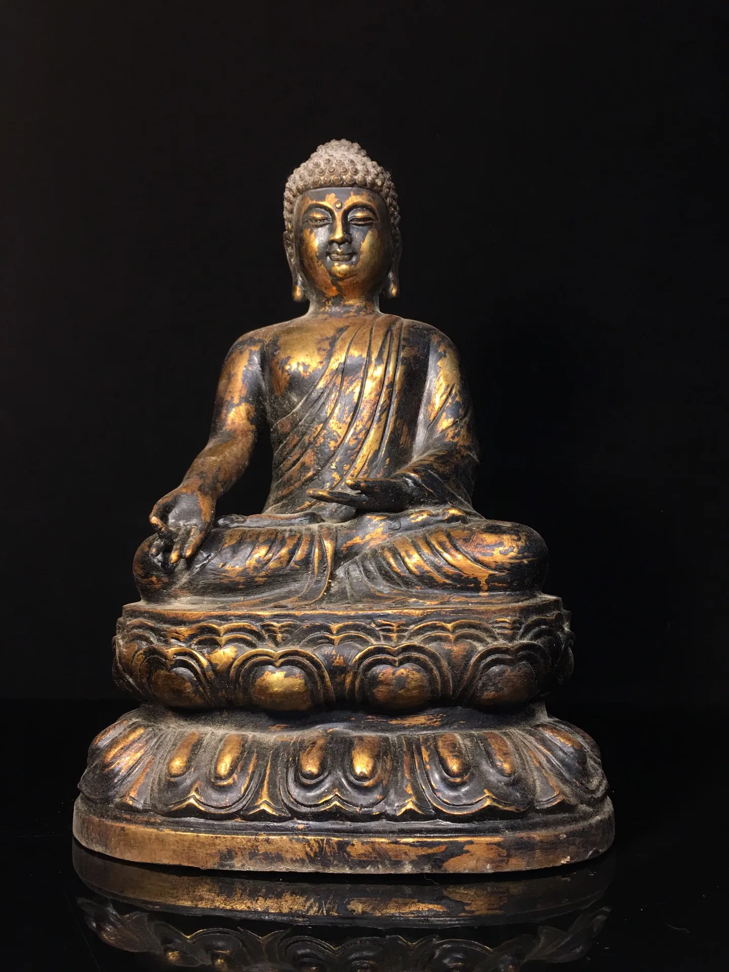 

13"Tibet Temple Collection Old Bronze Cinnabar Mud gold Shakyamuni Amitābha Buddha Double Lotus Platform Worship Hall Town house